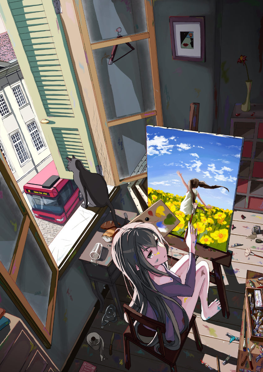 1girl, barefoot, black_cat, black_hair, bread, bus, canvas_(object), cat