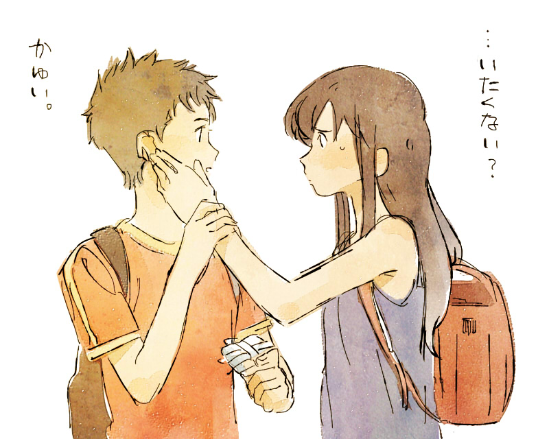 1girl, backpack, bag, brown_hair, eye_contact, hand_on_another's_cheek, hand_on_another's_cheek, kon_(koheya)