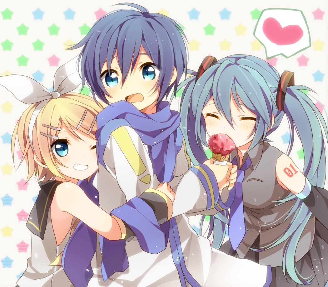 2girls, aqua_hair, blonde_hair, blue_eyes, blue_hair, blush, closed_eyes, detached_sleeves