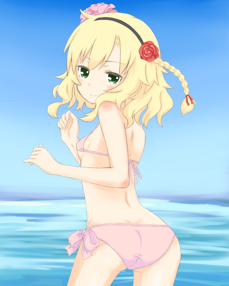 ass, bikini, blonde_hair, blush, braid, breasts, green_eyes, idolmaster