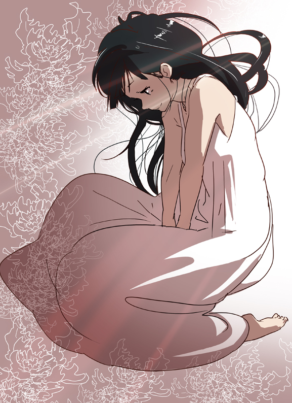 barefoot, black_hair, chitanda_eru, dress, e.rumoa, hyouka, long_hair, moyashi_koubou