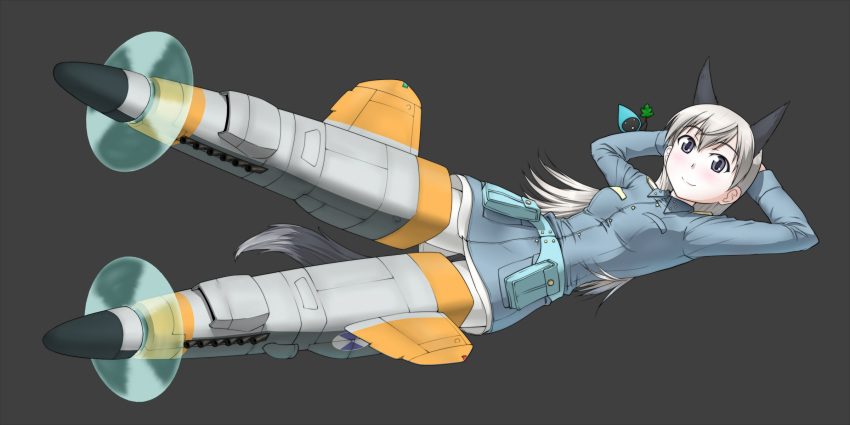 animal_ears, arms_behind_head, dog_ears, dog_tail, eila_ilmatar_juutilainen, fairy, grey_eyes, highres