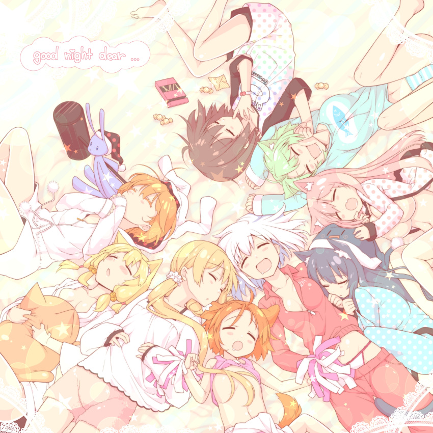 6+girls, :d, :o, ^_^, akane_(goma), animal_ears, arms_up, barefoot