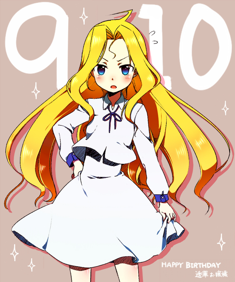 ahoge, birthday, blonde_hair, blue_eyes, blush, hand_on_hip, minnairu, ryuumonbuchi_touka