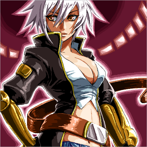 belt, blazblue, blazblue:_chrono_phantasma, breasts, bullet_(blazblue), cleavage, kai_(lisalisa1983), lowres, navel, oekaki, pink_eyes, purple_background, short_hair, solo, white_hair
