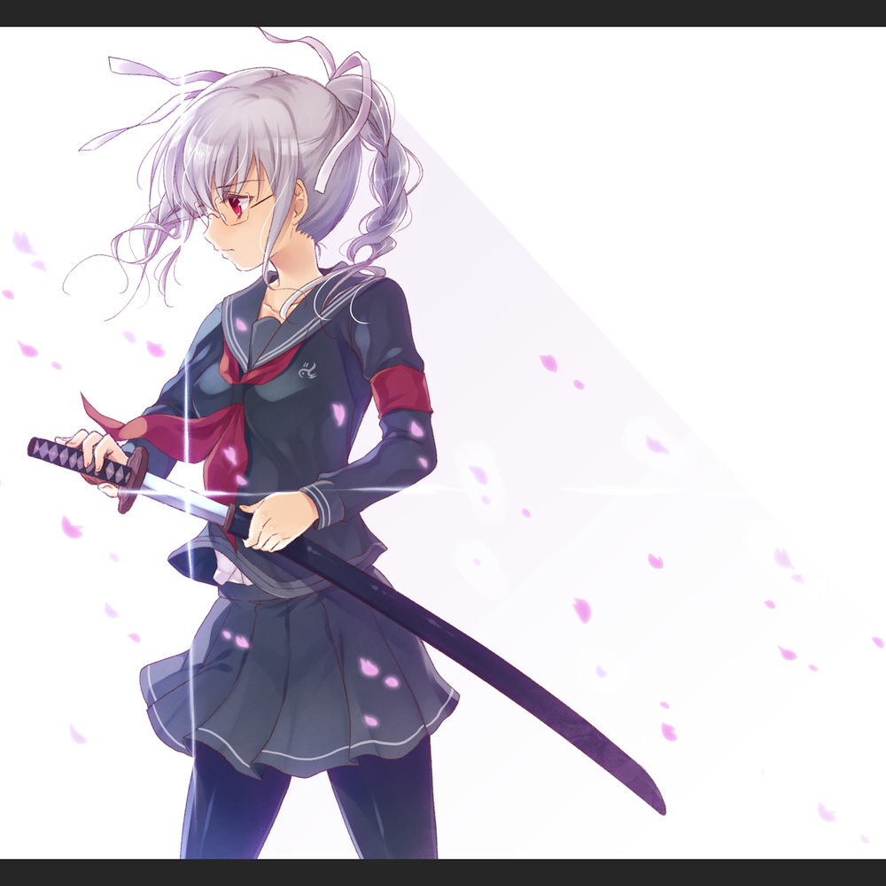 black_legwear, dangan-ronpa_2, glasses, hair_ribbon, katana, komi_zumiko, letterboxed, pantyhose
