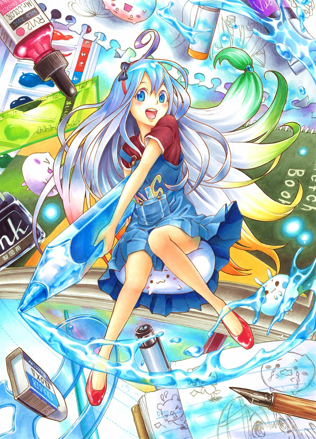 :d, blonde_hair, blue_eyes, blue_hair, blush, blush_stickers, book, colored_pencil_(medium), colorful, dress, ed_(tttfcs), eraser, green_hair, hairband, highres, holding, long_hair, looking_at_viewer, marker_(medium), millipen_(medium), multicolored_hair, o_o, oekaki_musume, open_book, open_mouth, original, paint, pencil, red_hair, redhead, ruler, sitting, sketchbook, smile, solo, traditional_media, water