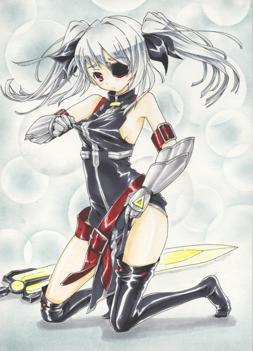 adjusting_clothes, armor, asahina_kirin, bardiche, bare_shoulders, belt, blush, buckle