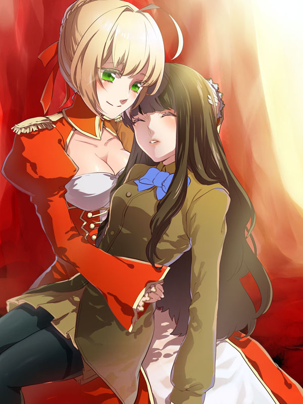 ahoge, black_legwear, blonde_hair, breasts, brown_hair, cleavage, dress, epaulettes