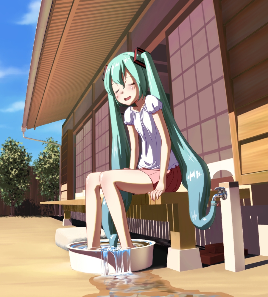 ares_(garuda), closed_eyes, eyes_closed, faucet, feet_in_water, green_hair, hatsune_miku, hose, long_hair, open_mouth, sitting, soaking_feet, solo, twintails, uz3d, very_long_hair, vocaloid, water