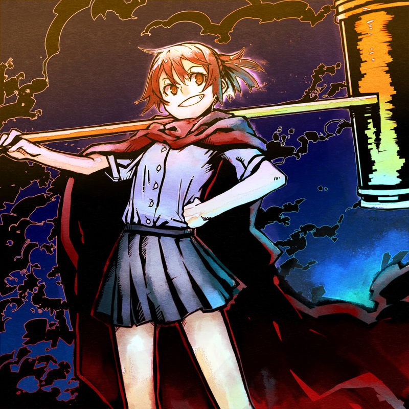 asahina_samidare, brown_eyes, brown_hair, cape, female, grin, hammer, hand_on_waist