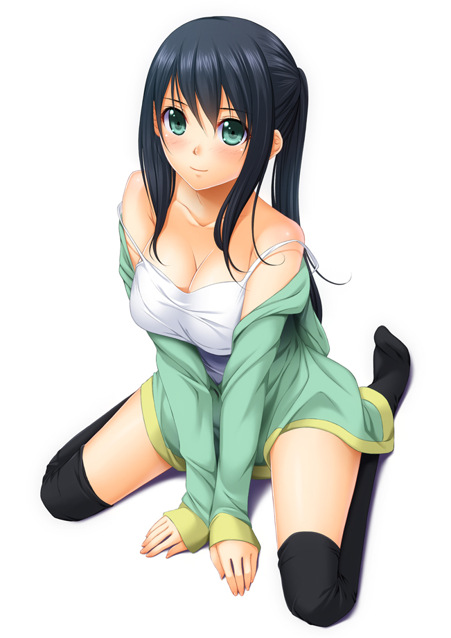 bare_shoulders, black_hair, black_legwear, blush, breasts, chiro, cleavage, green_eyes