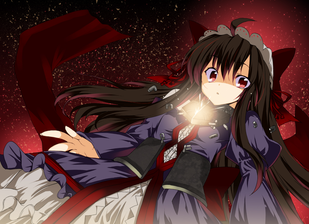 ahoge, black_hair, dalian, dantalian_no_shoka, lock, long_hair, red_eyes, solo