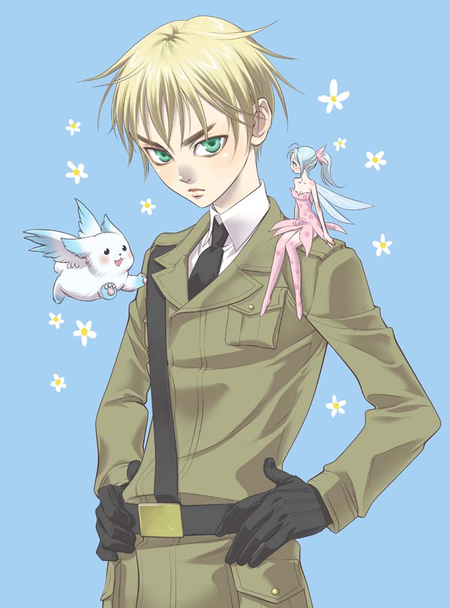 1boy, 1girl, axis_powers_hetalia, belt, blonde_hair, fairy, flower, gloves