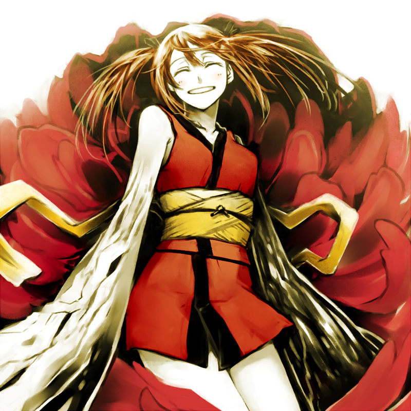 bare_shoulders, brown_hair, closed_eyes, happy, japanese_clothes, kawazu, kimono, mutation