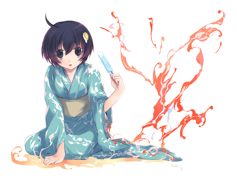 ahoge, araragi_tsukihi, black_eyes, black_hair, etoryoku, fire, japanese_clothes, kimono
