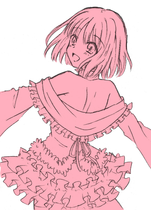 bare_shoulders, dress, fate/prototype, fate_(series), monochrome, pink, sajou_manaka, short_hair