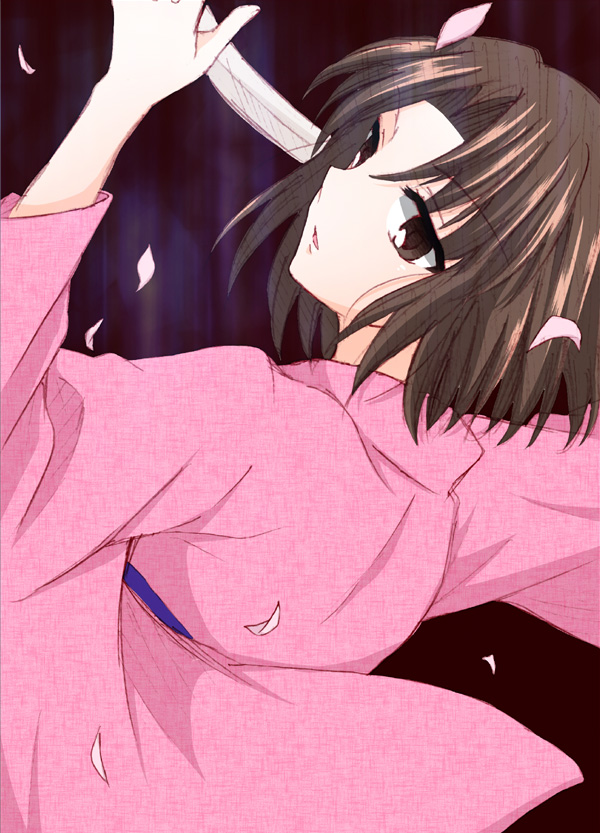 brown_eyes, brown_hair, japanese_clothes, kara_no_kyoukai, katana, kimono, petals, ryougi_shiki