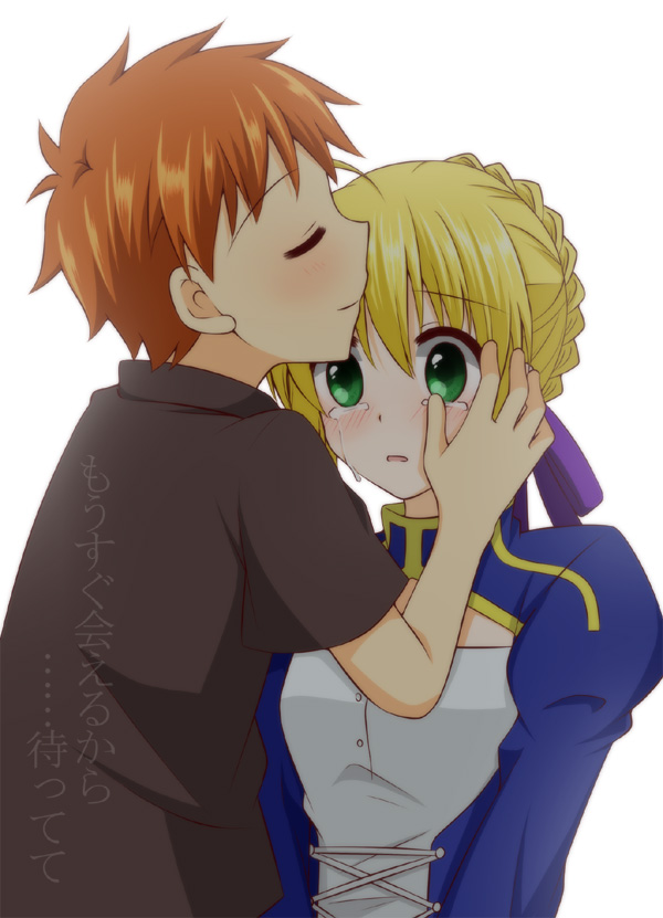 1girl, ahoge, black_hair, blonde_hair, brown_hair, couple, crying, dress, emiya_shirou, eyes_closed, fate/stay_night, fate/zero, fate_(series), forehead_kiss, green_eyes, hair_ribbon, kiss, orange_hair, red_hair, ribbon, saber, short_sleeves, spiky_hair, suta102, t-shirt, tears, translated, translation_request