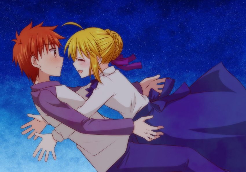 1girl, ahoge, blonde_hair, blush, catching, couple, emiya_shirou, eyes_closed