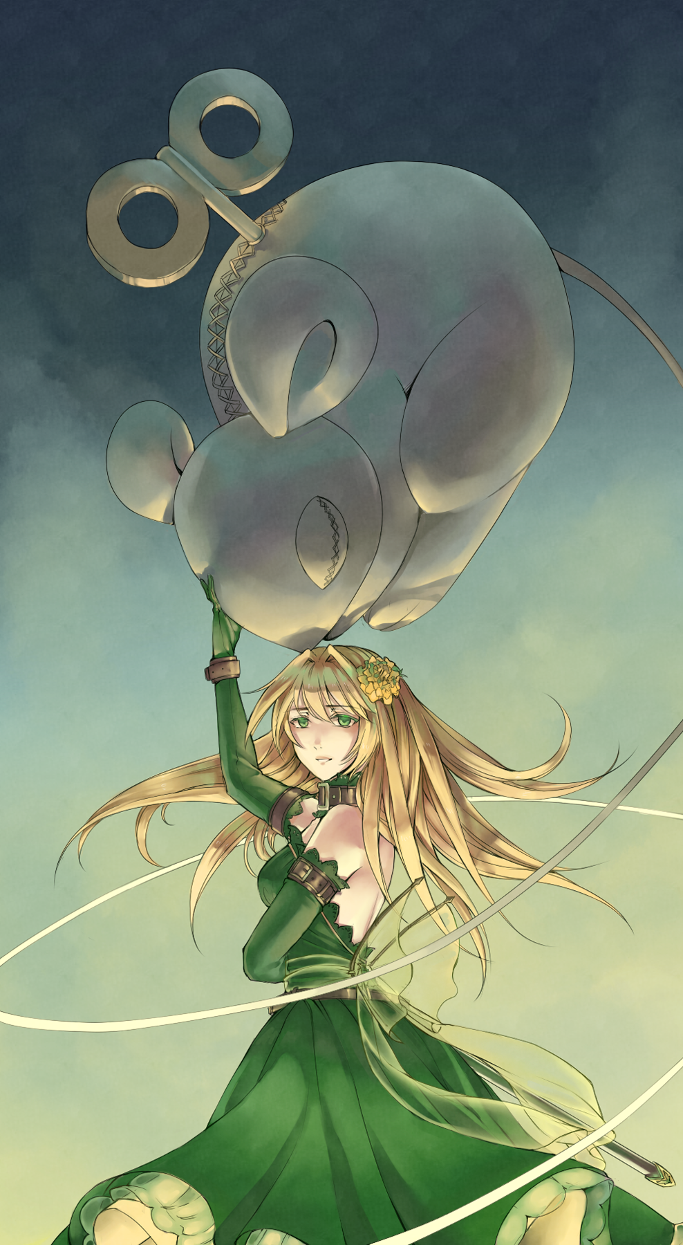 ada_vessalius, bare_shoulders, blonde_hair, breasts, dress, elbow_gloves, flower, frown
