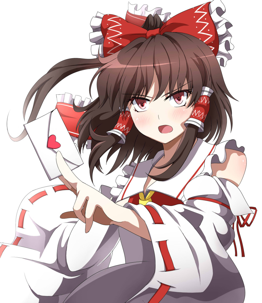 blush, bow, brown_hair, detached_sleeves, eo_(artist), hair_bow, hair_tubes, hakurei_reimu, heart, highres, letter, open_mouth, ponytail, red_eyes, short_hair, solo, touhou, tsundere, white_background, wide_sleeves
