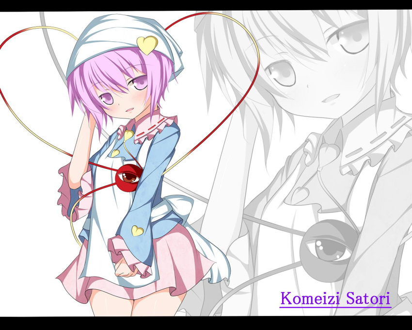 character_name, eyebrows, head_scarf, heart, highres, komeiji_satori, open_mouth, purple_eyes, purple_hair, rou_neko_(bbaaa333), skirt, smile, solo, third_eye, touhou, violet_eyes, zoom, zoom_layer