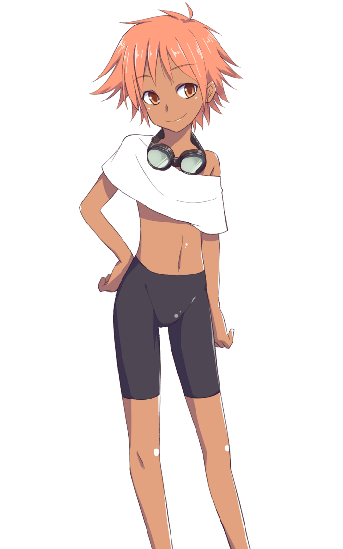 1girl, androgynous, brown_eyes, child, cowboy_bebop, dark_skin, edward_wong_hau_pepelu_tivrusky_iv, flat_chest, goggles, goggles_around_neck, hand_on_hip, hips, level.21, light_smile, midriff, navel, off_shoulder, orange_hair, red_hair, redhead, reverse_trap, short_hair, simple_background, smile, tan, tomboy, white_background