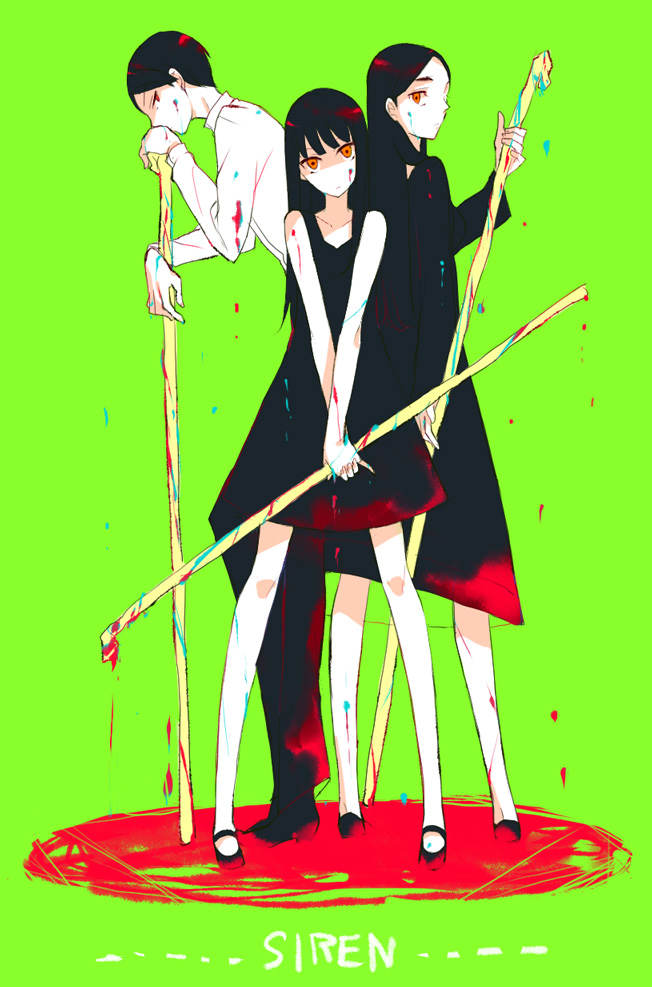 2girls, black_hair, blood, dress, ishiaji, kajiro_ayako, kajiro_jun, kajiro_miyako, lead_pipe, long_hair, multiple_girls, orange_eyes, pipe, red_eyes, short_hair, siren, water