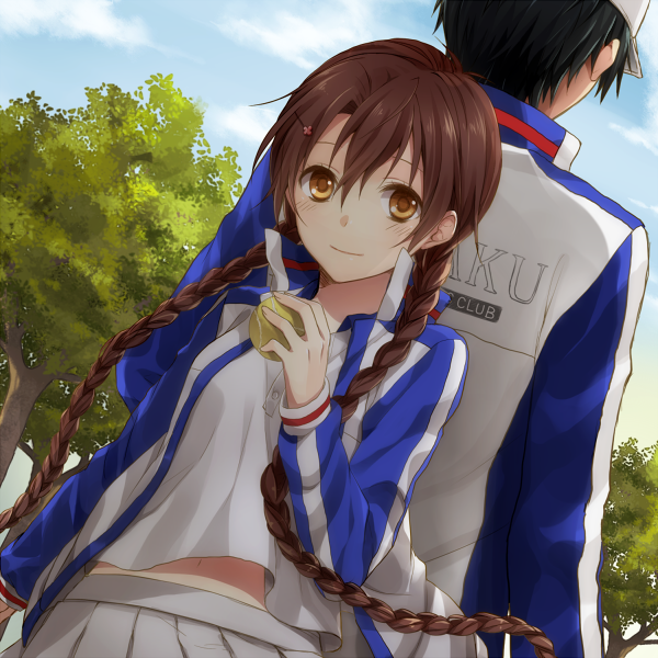 1girl, 7100potechi, back-to-back, ball, black_hair, braid, brown_eyes, brown_hair, echizen_ryoma, jacket, long_hair, ryuuzaki_sakuno, ryuuzaki_sakurano, short_hair, smile, tennis_ball, tennis_no_ouji-sama, track_jacket, twin_braids