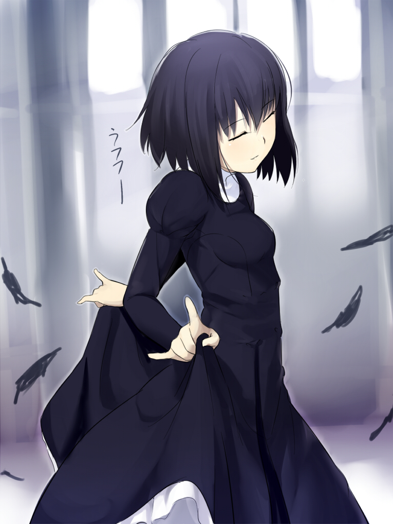 black_hair, bob_cut, closed_eyes, curtsey, dress, eyes_closed, feathers, graffiti, head_tilt, kuonji_alice, level.21, light_smile, mahou_tsukai_no_yoru, short_hair, window