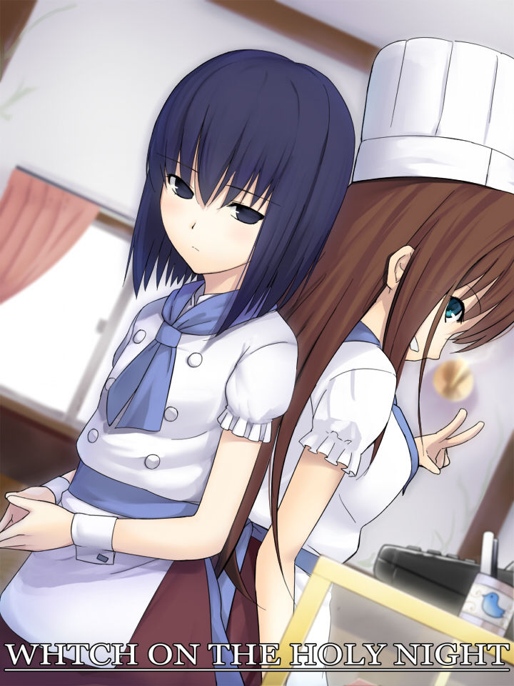 apron, aqua_eyes, back-to-back, black_eyes, blue_hair, bob_cut, brown_hair, cash_register