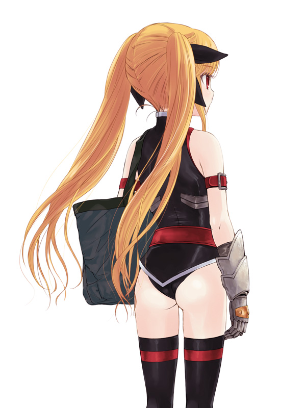 ass, bag, bare_shoulders, black_legwear, blonde_hair, fate_testarossa, from_behind, gauntlets