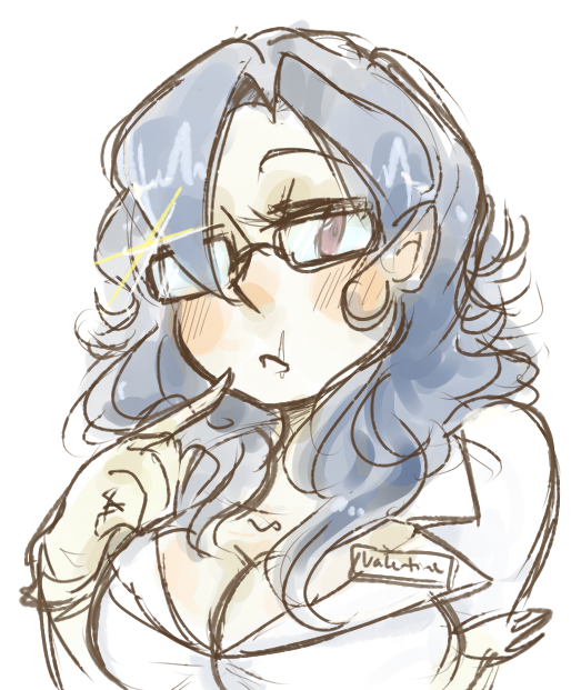 breasts, glasses, gloves, hair_down, hair_over_one_eye, large_breasts, nurse, red_eyes