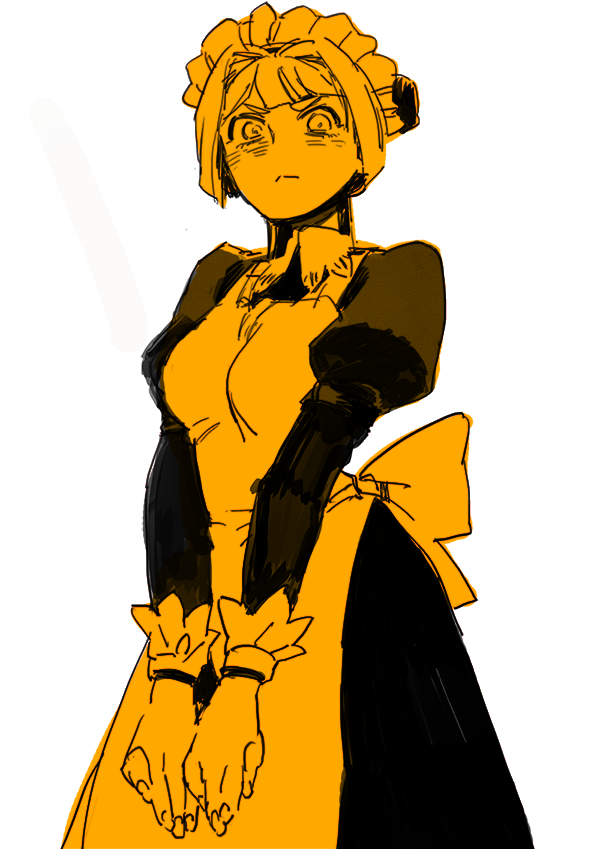 alice_l_malvin, apron, blush, bob_cut, embarrassed, ferriyang, frown, maid, maid_headdress, monochrome, pumpkin_scissors
