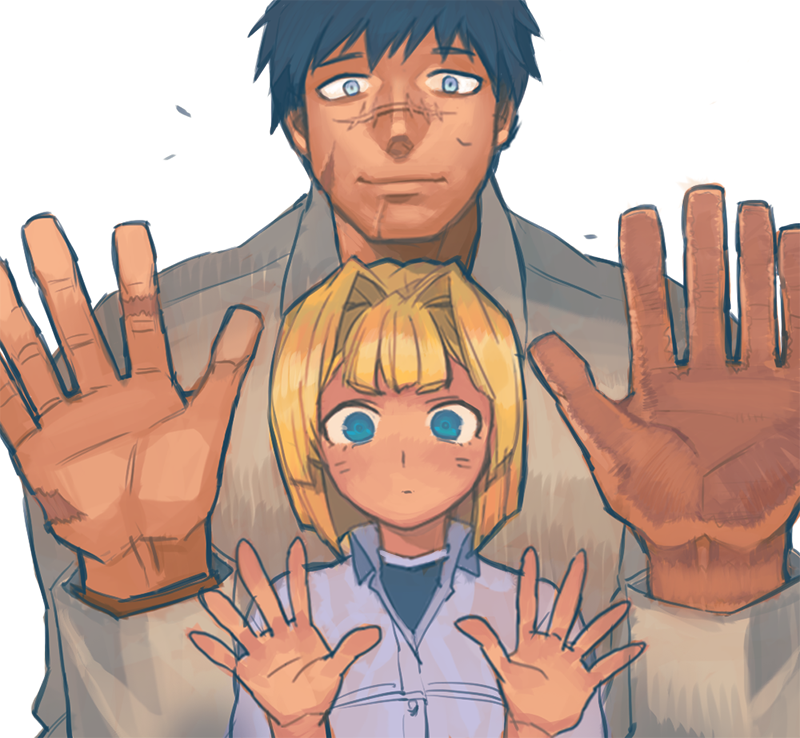 black_hair, blonde_hair, blue_eyes, bob_cut, couple, dress_shirt, expressionless, ferriyang