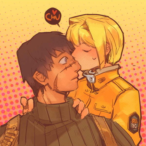 black_hair, blonde_hair, blue_eyes, blush, bob_cut, closed_eyes, couple, eyes_closed