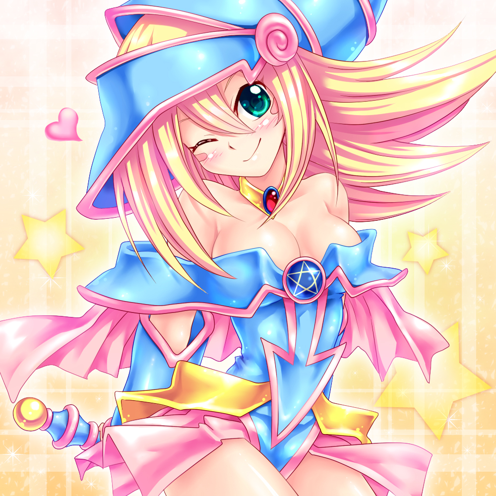 aqua_eyes, bare_shoulders, blonde_hair, blush_stickers, breasts, choker, cleavage, colored