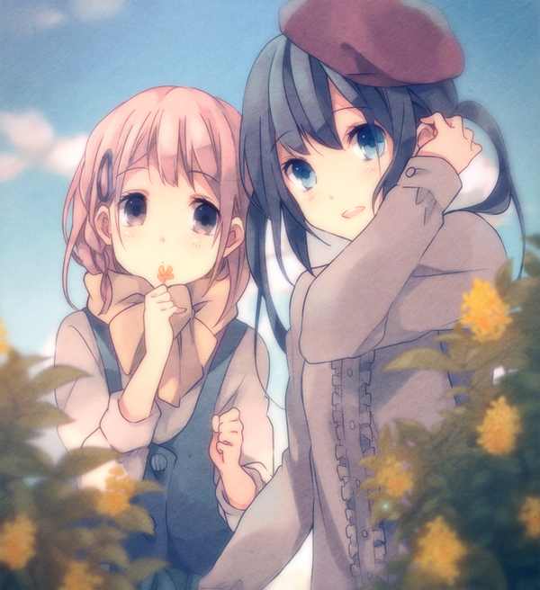 bad_id, black_hair, blonde_hair, blue_eyes, blush, braid, flower, frills