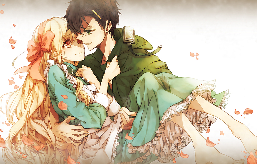 1girl, apron, barefoot, black_hair, bow, carrying, dress, frills, green_eyes, hair_bow, hair_ornament, hairclip, hina_(xoxo), hoodie, kagerou_project, long_hair, mary_(kagerou_project), petals, princess_carry, red_eyes, seto_(kagerou_project), simple_background, smile, souzou_forest_(vocaloid), very_long_hair