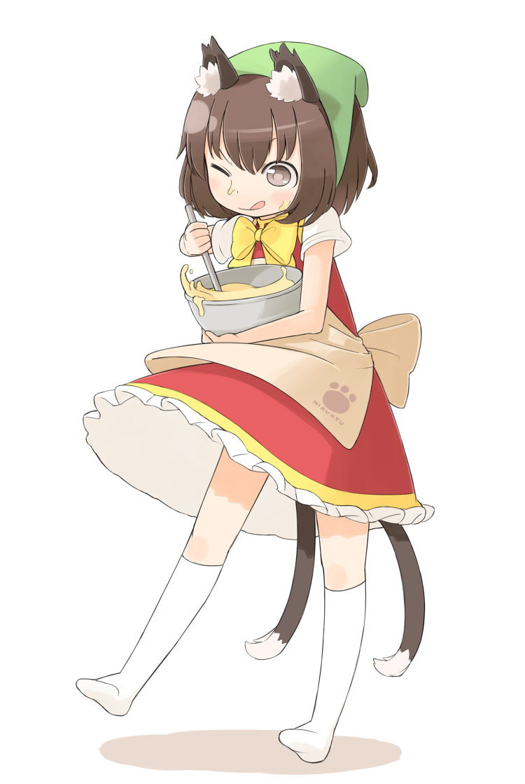 :q, animal_ears, apron, blush, brown_eyes, brown_hair, cat_ears, cat_tail