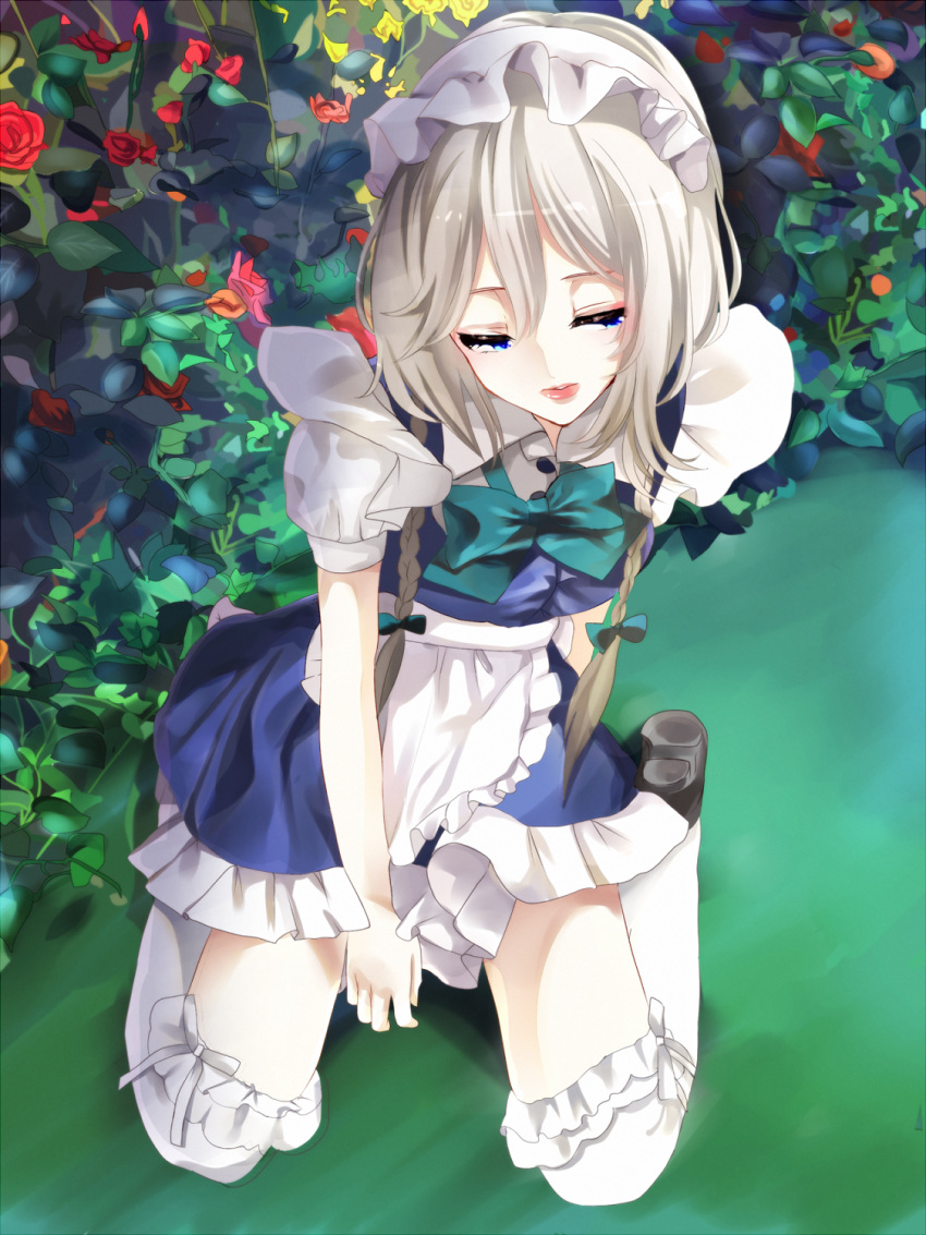 aliprojectlove, apron, blue_eyes, dress, flower, frilled_legwear, frilled_thighhighs, grey_hair, highres, izayoi_sakuya, kneeling, lips, maid, maid_headdress, ribbon, rose, solo, thighhighs, touhou, white_legwear