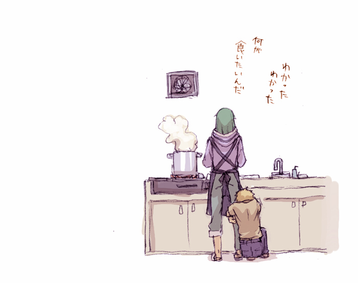 1girl, brown_hair, comic, cooking, green_hair, hoodie, kagerou_project, kano_(kagerou_project), kido_(kagerou_project), long_hair, mekakushi_code_(vocaloid), pecolatte, short_hair, translated, vocaloid