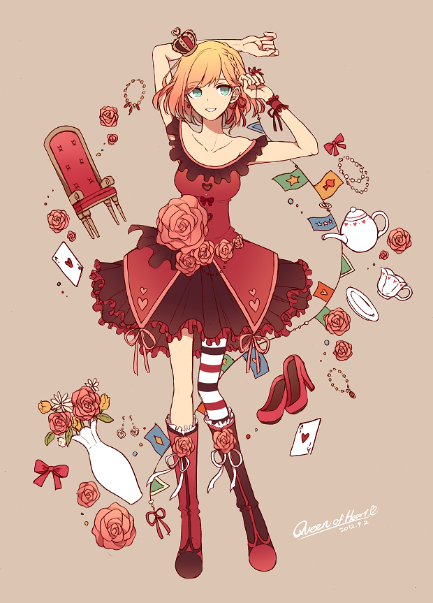 ace, alice_in_wonderland, arms_up, blonde_hair, bow, bracelet, braid, brown_background