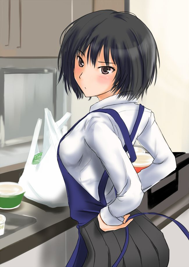 amagami, apron, bag, black_eyes, black_hair, blush, kitchen, murasaki_iro, nanasaki_ai, pleated_skirt, short_hair, skirt, solo