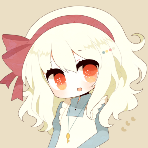 apron, bad_id, blonde_hair, blue_dress, brown_background, bust, dress, haru_(kyou)