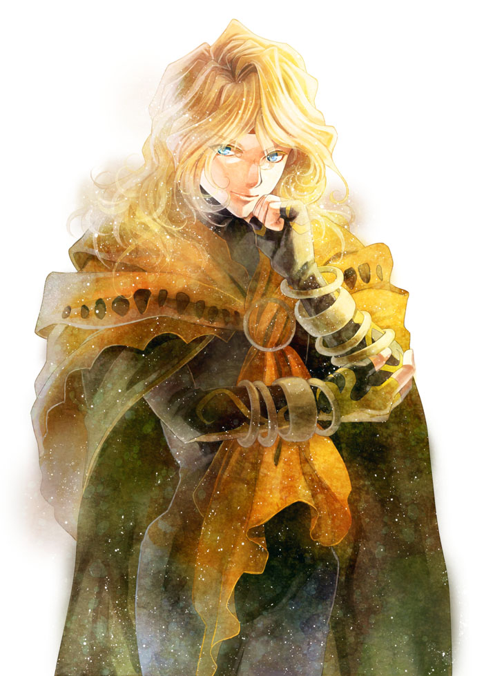 androgynous, blonde_hair, blue_eyes, bracelet, cape, chin_rest, dhaos, gloves