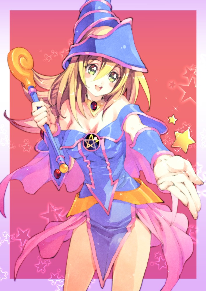 :d, bare_shoulders, blonde_hair, blush, blush_stickers, breasts, cleavage, dark_magician_girl