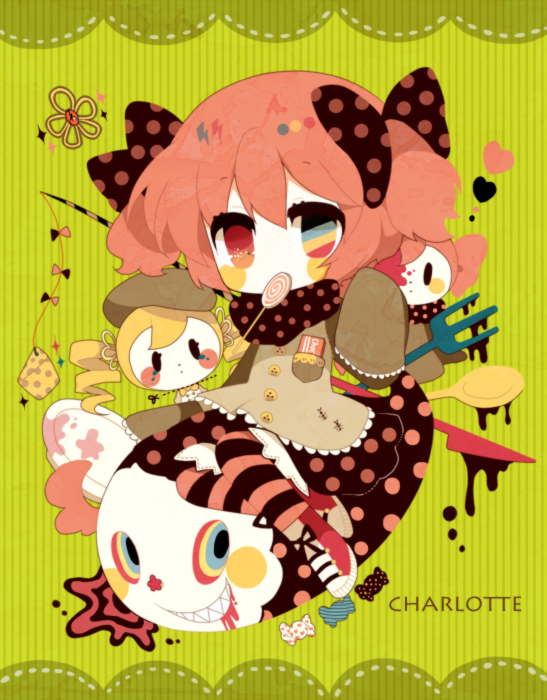 bad_id, blush_stickers, bow, candy, candy_bar, character_name, charlotte_(madoka_magica), cheese