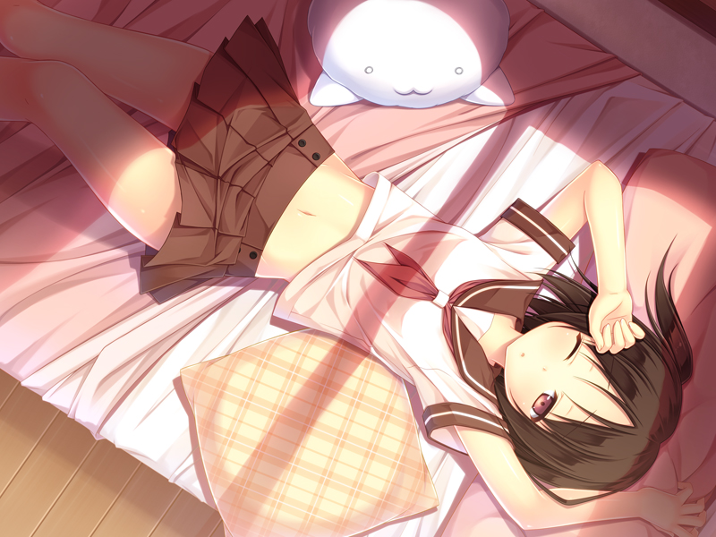 arms_up, aruma_(almax), bed, black_hair, lying, navel, on_back, original